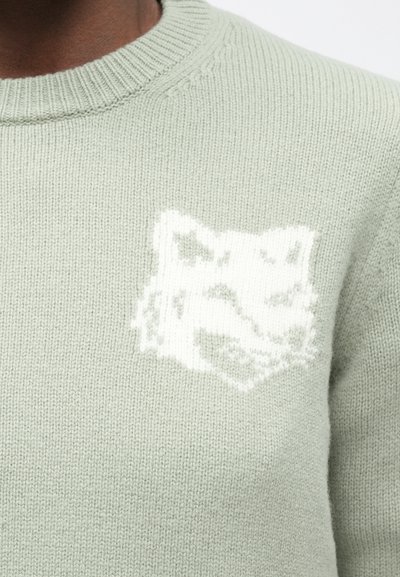 Suéter de punto verde claro con un motivo de animal texturizado en blanco en el pecho y un cuello redondo acanalado.