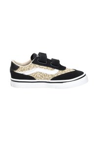 Low-top sneaker with beige leopard print, black suede accents, white side stripe, two black Velcro straps, and white rubber sole.