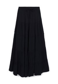 Gonna maxi nera con un design a strati, dotata di vita con coulisse e tessuto testurizzato. Bordo in pizzo decorativo tra i vari strati.