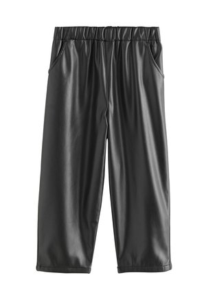 Black faux leather pants with elastic waistband and side pockets, cropped length and straight cut.