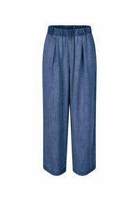 Pantalon culotte en denim avec une taille élastique, présentant des plis à l'avant, une coupe ample et une couleur bleu moyen. Texture lisse, design décontracté.