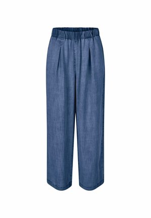 Pantaloni culotte in denim con cintura elastica, dotati di pieghe frontali, vestibilità ampia e colore blu medio. Texture liscia, design casual.