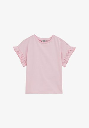 Maglietta di cotone rosa chiaro con maniche corte arricciate, scollo tondo e orlo dritto. Texture liscia su tutta la superficie.