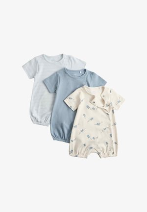 Tre kortærmede babyheldragter i hvid med subtile striber, ensfarvet lyseblå og creme med blå blomsterprint, alle med trykknapper.