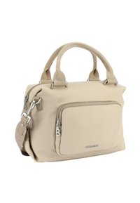 Sac en nylon beige avec deux poignées supérieures, une poche zippée à l'avant et des accessoires en métal argenté. Design compact et texture lisse.