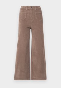 Bruine corduroy broek met wijde pijpen en hoge taille, met knoopsluiting, twee achterzakken en verticale ribbeltextuur.