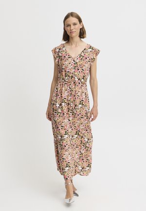 Blumen-Midi-Kleid in Rosa, Creme und Grün, mit kurzen, schwingenden Ärmeln, einem V-Ausschnitt und einem verstellbaren Bindeband an der Taille.