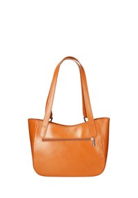 Borsa tote in pelle tan con doppie tracolle, una texture liscia e una tasca con zip frontale. Forma arrotondata con dettagli cuciti.