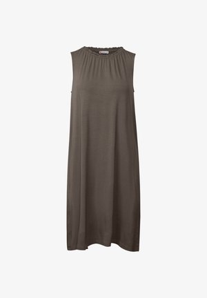 Robe sans manches en ligne A de couleur vert olive avec un col froncé. Fabriquée à partir d'un tissu doux et léger. Design simple et dépouillé.