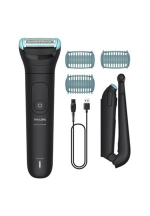 Philips Body Groomer, nero con accenti turchesi, presenta un design elegante, una testina da rasatura, tre pettini, un cavo USB e un attacco per rifinire.