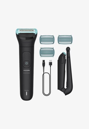Philips Body Groomer in Schwarz mit türkisfarbenen Akzenten verfügt über ein elegantes Design, einen Rasierkopf, drei Aufsätze, ein USB-Kabel und einen Trimmeraufsatz.