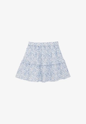 Gonna a fiori azzurro chiaro con design a balze, realizzata in tessuto morbido, con una cintura elasticizzata e un delicato motivo di piccoli fiori.