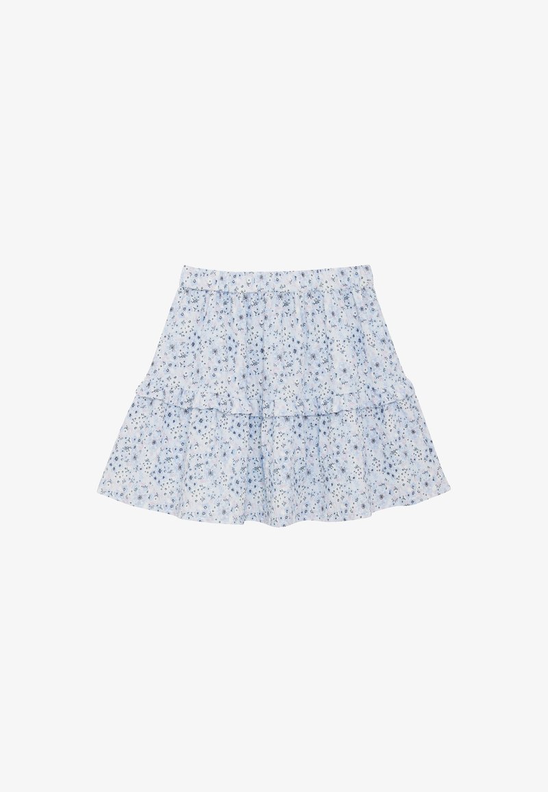 Lyseblå blomster nederdel med lagdelt design, lavet af blødt stof, med elastisk taljebånd og et delikat mønster af små blomster.