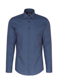Camicia blu a maniche lunghe con motivo geometrico, chiusura frontale con bottoni e colletto classico. Realizzata in un tessuto leggero e morbido.