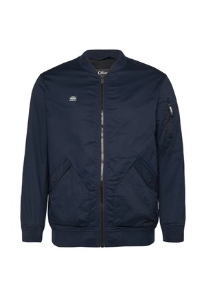 Marineblaue Bomberjacke mit Frontreißverschluss, zwei schrägen Taschen mit Druckknöpfen, kleinem Logo auf der Brust und Reißverschlusstasche am linken Ärmel.