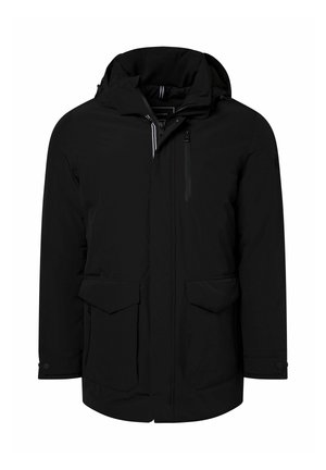Schwarze wasserdichte Jacke mit Kapuze, mehreren Taschen, einer Reißverschlusstasche auf der Brust und einer glatten Textur. Sie verfügt über einen Reißverschluss vorne.