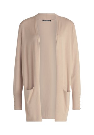 Cardigan léger beige avec un devant ouvert, des manches longues, des poches plaquées et des accents de boutons sur les poignets. Texture lisse et coupe décontractée.