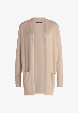 Beige leichter Cardigan mit offenem Schnitt, langen Ärmeln, aufgesetzten Taschen und Knopf-Akzenten an den Bündchen. Glatte Textur und lockere Passform.