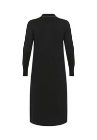 Robe noire en maille avec col, manches longues et silhouette droite. Présente des accents subtils le long de l'encolure et des poignets ajustés.