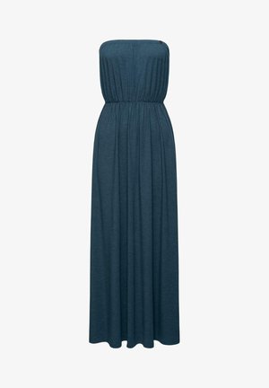 Uten ermer maxi kjole i mørk teal stoff. Har en sammensydd midje og rett passform, med en jevn tekstur og ingen synlige mønstre.