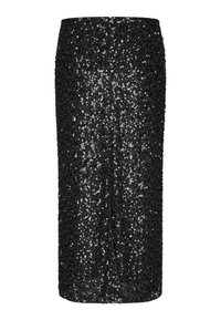 Must mustriga seelik, sobiva disainiga, põlveni pikk, millel on taga lõhik mugavuse tagamiseks ja sile tekstuur.