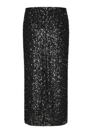 Czarna spódnica z cekinami o dopasowanym kroju, sięgająca do kolan, z rozcięciem z tyłu dla ułatwienia ruchu oraz gładką, teksturowaną powierzchnią.
