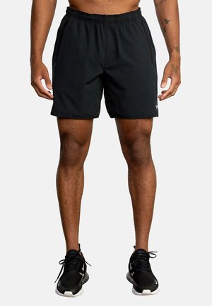 Schwarze Sportshorts aus leichtem Material, mit elastischem Bund, seitlichen Taschen und minimalistischer Gestaltung.