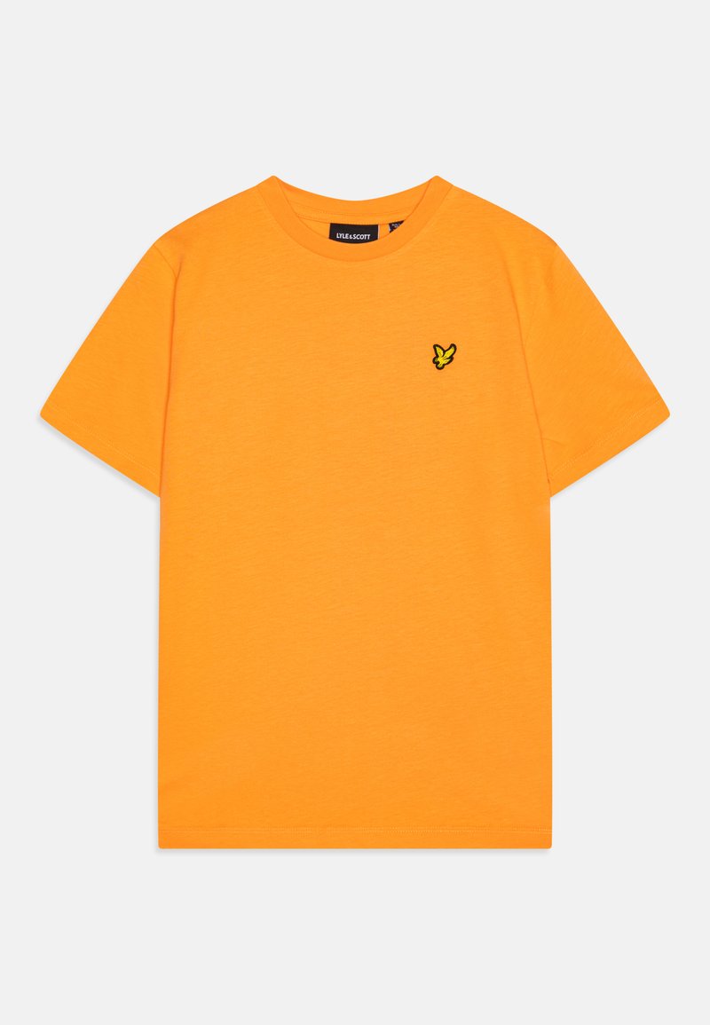 Bright orange t-shirt made of soft cotton with a classic crew neck. Features a small black and yellow logo on the left chest.