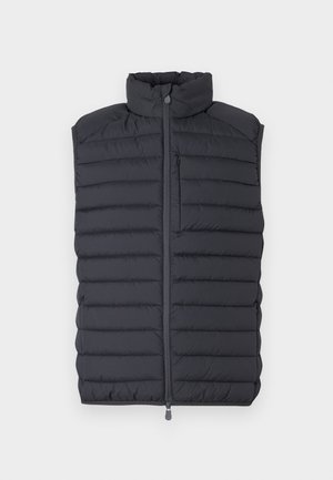 Tumedatehall puffer vest kõrge kraega, horisontaalne tikand, ees lukk ja väike lukuga tasku rinnal.