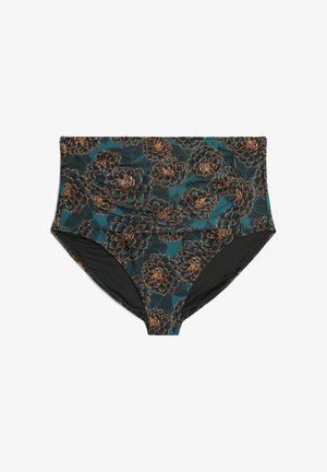 Aukšto liemens maudymosi kelnaitės turkio spalvos su gėlių raštu, kuriame didelės auksinės rudos gėlės. Pagamintos iš tamprios medžiagos, be siūlių kraštų.