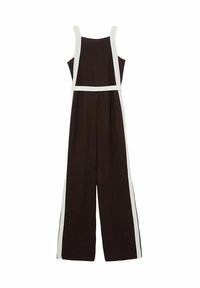 Bruine jumpsuit met witte accenten, met een rechte snit, brede benen en verstelbare banden. Gemaakt van glad, lichtgewicht materiaal.