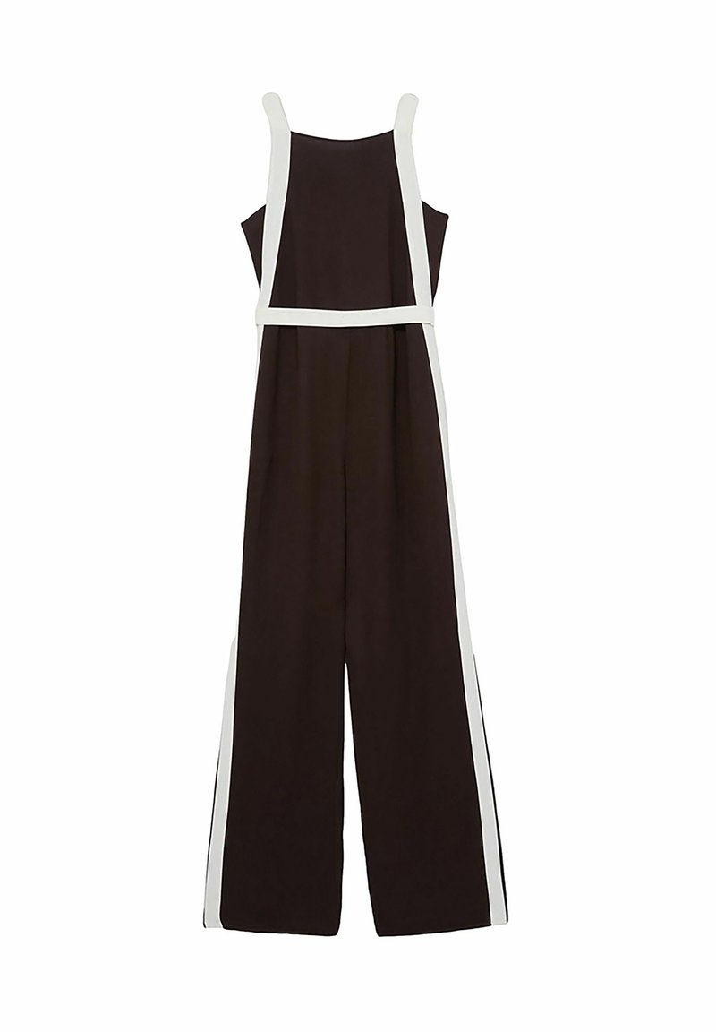 Bruine jumpsuit met witte accenten, met een rechte snit, brede benen en verstelbare banden. Gemaakt van glad, lichtgewicht materiaal.