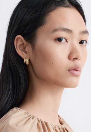 Mujer joven con cabello largo y negro, vestida con una blusa beige y dos pendientes de aro dorados, mirando ligeramente hacia su derecha.