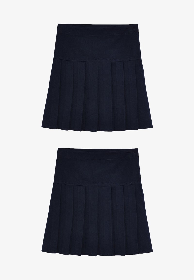 Jupe plissée bleu marine, avec une large taille, un tissu texturé et une forme évasée avec plusieurs plis verticaux pour un volume supplémentaire.