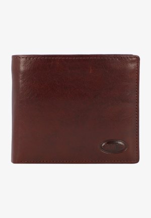 Portefeuille bi-fold en cuir marron avec une texture lisse, des coins arrondis et un logo de marque embossé à l'avant.