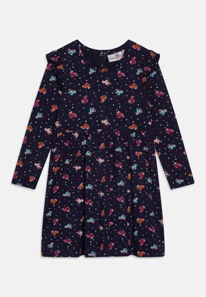 Langärmliges marineblaues Kleid mit Polka-Dot- und Tiermuster, mit gerafften Schultern und einem gesammelten Rock. Weicher, dehnbarer Stoff.