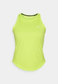 Limegrøn tanktop lavet af åndbart materiale, med rund halsudskæring, slank pasform og et lille hvidt Nike-logo på brystet.