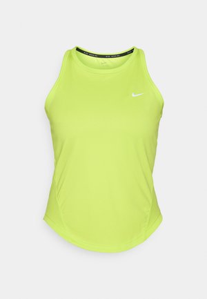 Top sin mangas de color verde lima, hecho de un tejido transpirable, con cuello redondo, corte ajustado y un pequeño logo blanco de Nike en el pecho.