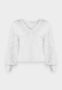 Witte pullover met een V-hals, lange pofmouwen en een ingewikkeld kantachtig patroon met uitsnijdingen. Textuur, lichtgewicht stof.