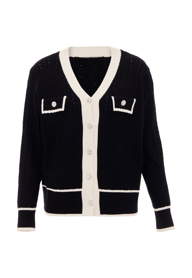 Schwarze Strickjacke mit weißen Akzenten, V-Ausschnitt, zwei vorderen Taschen und dekorativen Knöpfen. Texturiertes Material mit geripptem Design.