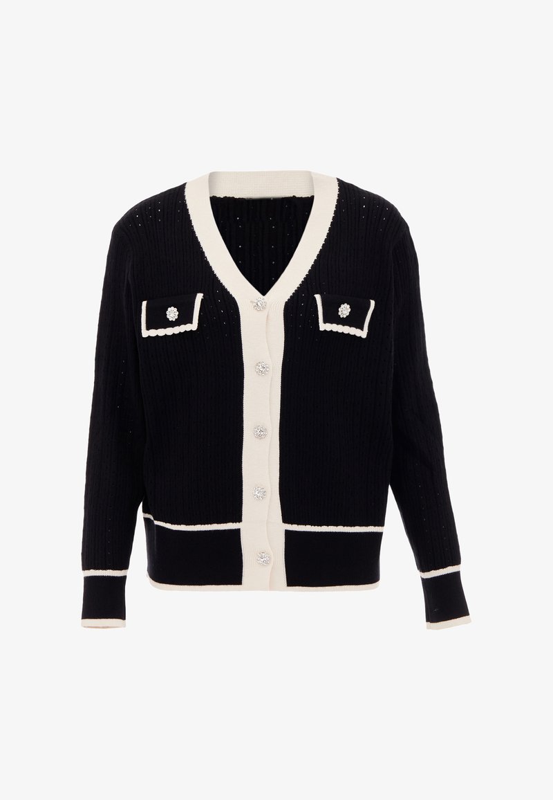 Schwarze Strickjacke mit weißen Akzenten, V-Ausschnitt, zwei vorderen Taschen und dekorativen Knöpfen. Texturiertes Material mit geripptem Design.