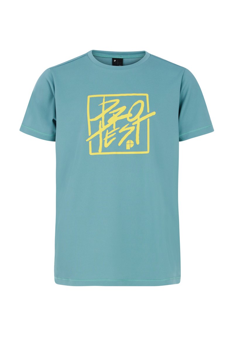 Turkos kortärmad t-shirt gjord av mjukt material med en stor gul "PRO TEST"-grafik inuti en fyrkant. Diskreta stickningsdetaljer.