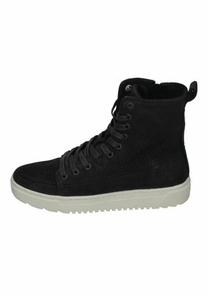 Black suede high-top sneaker with textured finish, tonal laces, and white rubber sole. Features a rear pull tab and metal eyelets.