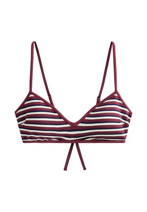 Bordový, biely a námornícky modrý pruhovaný bralet s tenkými nastaviteľnými ramienkami a viazaním v strede vpredu.