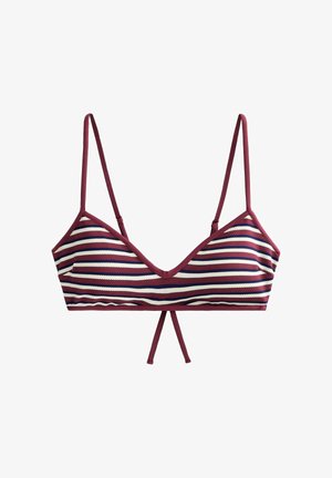 Bralette rayée bordeaux, blanche et bleu marine avec fines bretelles réglables et un nœud décoratif au centre devant.
