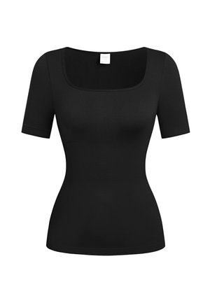 Haut noir ajusté à manches courtes avec un large décolleté carré et un design sans coutures, présenté sur un fond blanc.