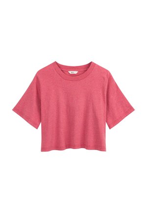 Roze cropped T-shirt met korte mouwen, een ronde hals en een klein maatlabel aan de binnenkant van de kraag.