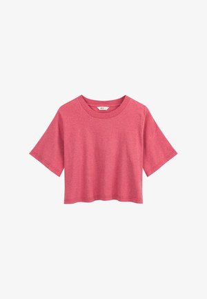 Roze cropped T-shirt met korte mouwen, een ronde hals en een klein maatlabel aan de binnenkant van de kraag.