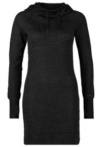 Robe sweat noire en tissu texturé, dotée d'une capuche à cordon de serrage, de manches longues et d'entailles sur les côtés pour faciliter les mouvements.
