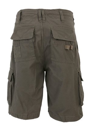 Olivově zelené cargo šortky s pohodlným střihem, které mají více bočních kapes a odolnou látku. Přítomny jsou poutka na opasek a prošívané detaily.